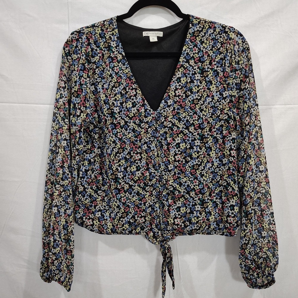 Womens Button Up Long Sleeve Top Sz M V Neck Calico Dark Floral Sheer Sleeve